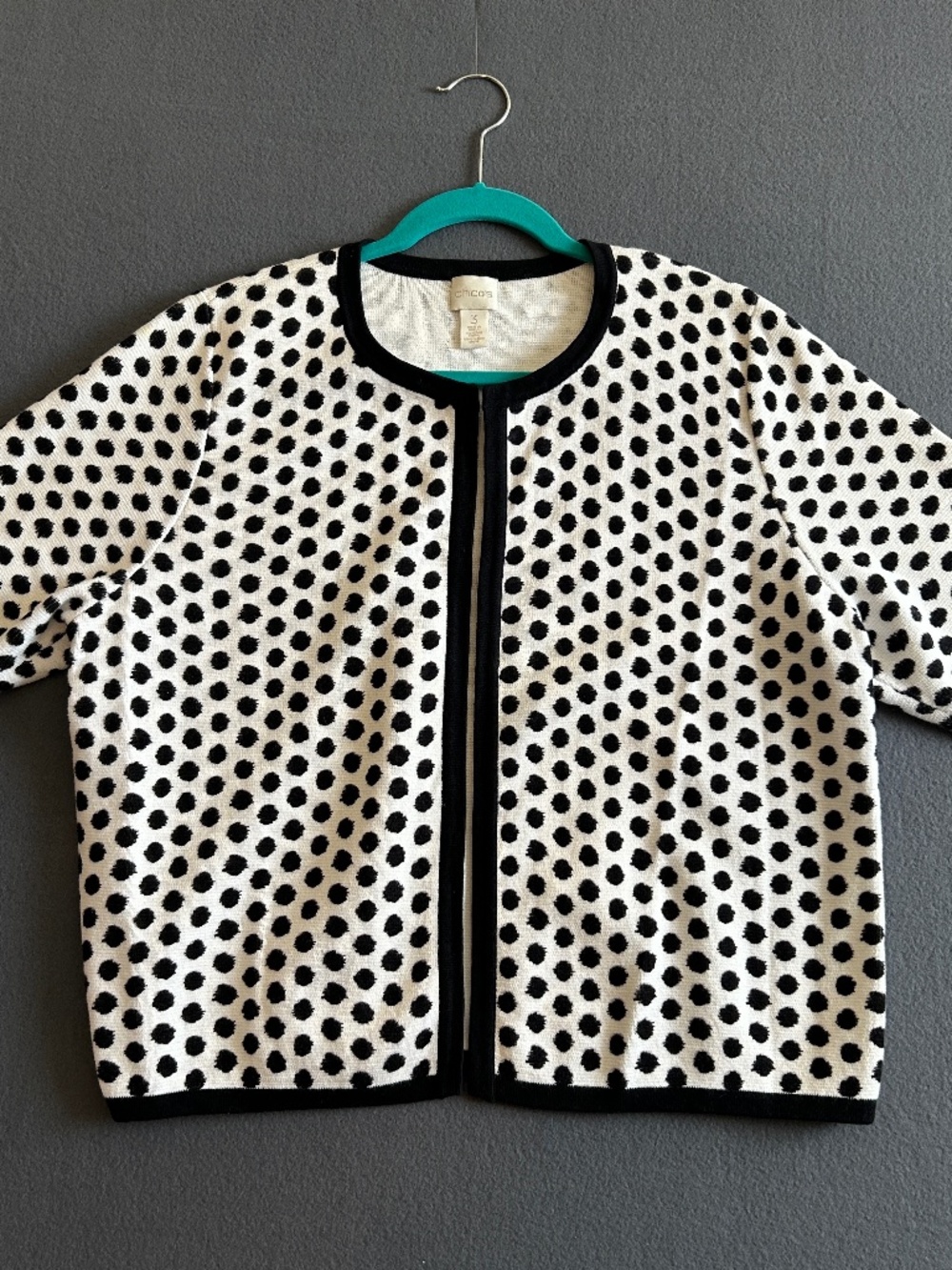 Chico's Short Sleeve Open Front Cardigan Sweater Polka Dots Size 3 US XL (16)